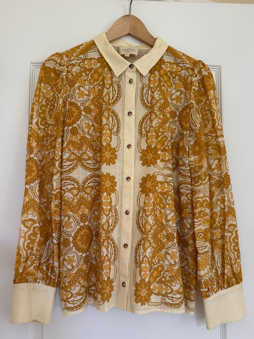 Sezane Mustard and Cream Paisley Button-Front Blouse - Picture 4 of 4